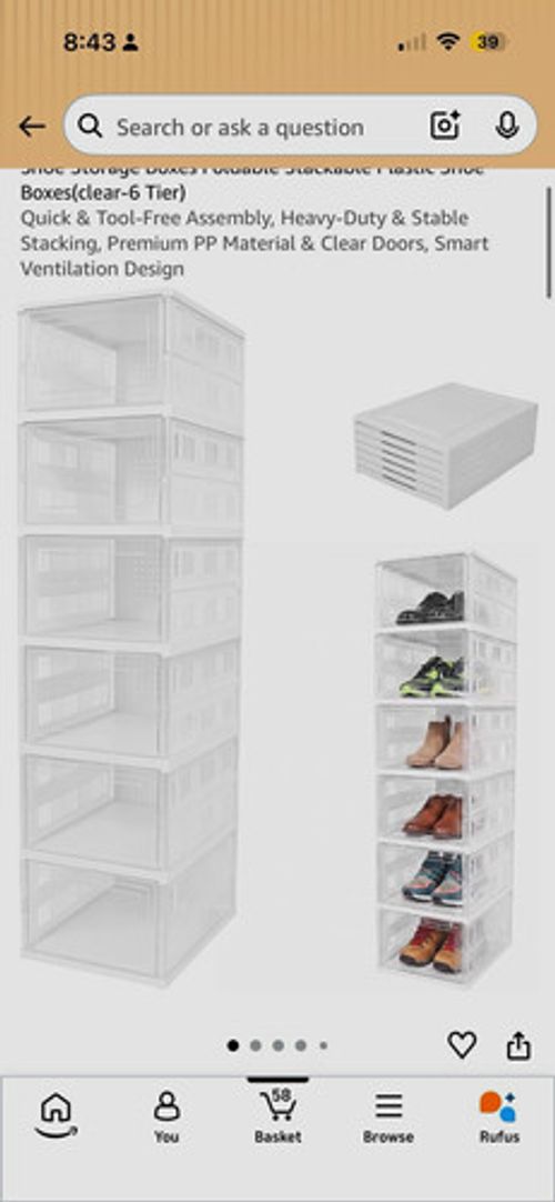 Stackable Foldable Shoe Storage Boxes, Clear/White, 6 Tier