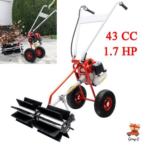 43CC 1.7HP Gas Power Sweeper Walk Behind Brush Broom Walkway Turf Grass Cleaning