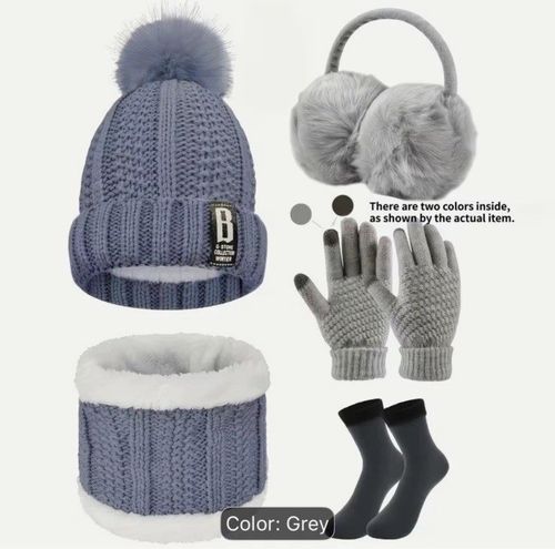 Women's Grey 5 Piece Winter Accessory Set Pom Pom Beanie, Earmuffs, Gloves — image 1