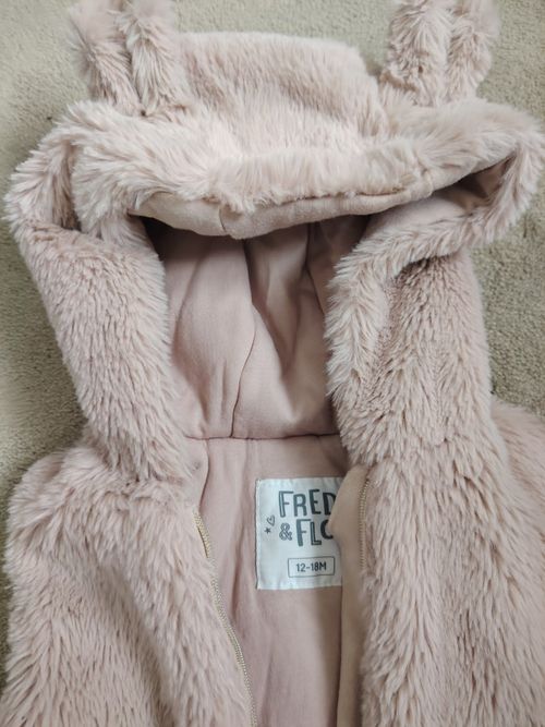 FRED & FLO Girls Pink Faux Fur Hooded Zip Lined Jacket 12-18 Months — image 3