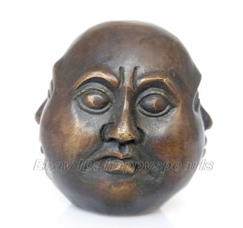 4 Faces Carved Buddhism Buddha Head Sculpture Statue OLD SIGNED BRONZE ;7CM — image 4
