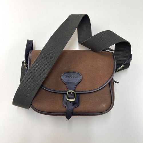 Barbour Cartridge Bag Brown Canvas Leather Shoulder Strap Stiff Shell Carrier