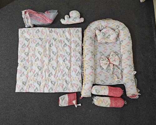 9 Piece Moses Basket Cotton Bedding Set, Bird Theme Red Pink White Yellow