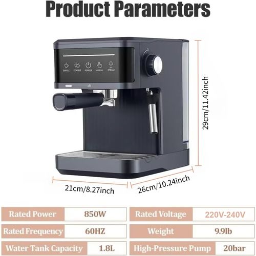 20 Bar Espresso Machine Milk Frother 1350W Coffee Maker Latte 1.8L Ground Coffee — image 2
