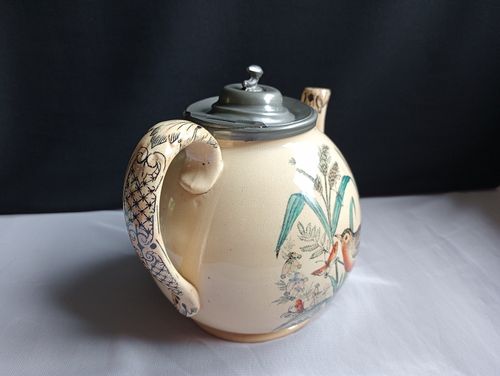 Antique Teapot Pottery + Pewter Lid Bird Robin Butterflies Insects Transferware — image 5