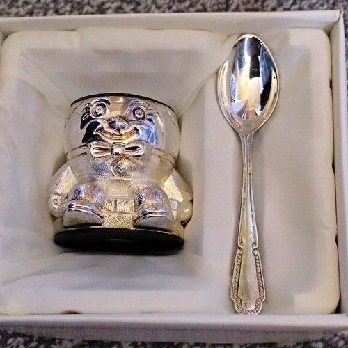 Boxed Baby Christening Silverware Set, Silver Spoon & Teddy Bear Money Box