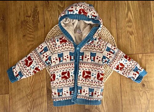 TU Baby Hooded Zip Knit Jacket Lined Fair Isle Blue/Red/White 18-24M