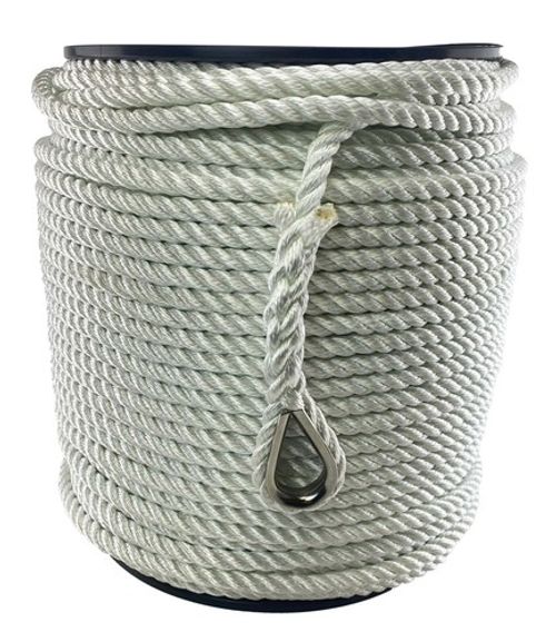 10mm White 3st Nylon Rope x 50m Anchor Rope Reel With Stainless Steel Thimble