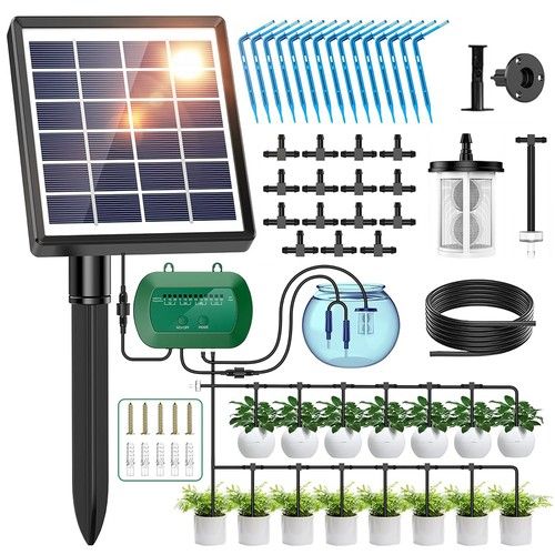 50FT Solar Irrigation System,Solar Drip Irrigation + 15 Drippers Watering System