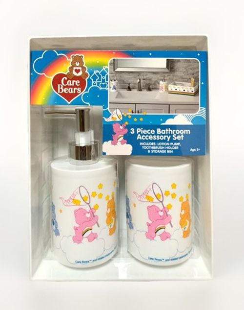 NEW Care Bears 3pc Bathroom Accessories Set Toothbrush Cup/Soap Pump/Storage Bin