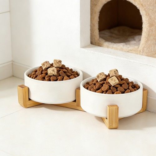 Ceramic Pet Bowl Set Ceramic Raised Bowl For Cat Dog Bowl With Bamboo Stand