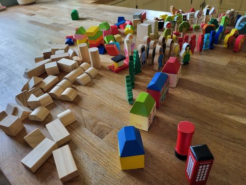 Big jigs Wooden Toy Bundle 160 + Pieces. Farm Zoo  People Trees Shops Signs Etc — image 13