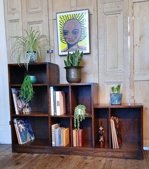 LARGE ART DECO ANTIQUE OAK STEPPED BOOKCASE RECORD CABINET SIDEBOARD VINTAGE
