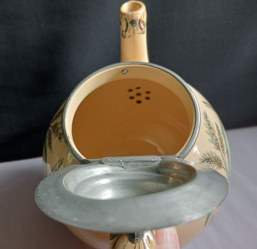 Antique Teapot Pottery + Pewter Lid Bird Robin Butterflies Insects Transferware — image 15