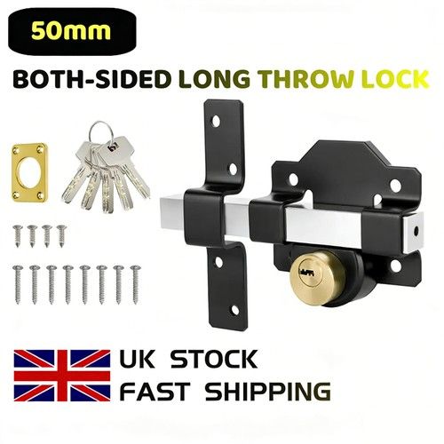 Gate Lock Garden Security Double Long Throw Bolt Rim Lock 5 Keys 50mm Both Sides