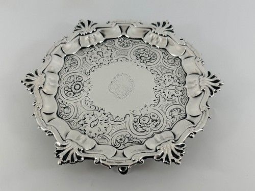 GORGEOUS ENGLISH KING GEORGE II SOLID STERLING SILVER SALVER LONDON 1750 277G