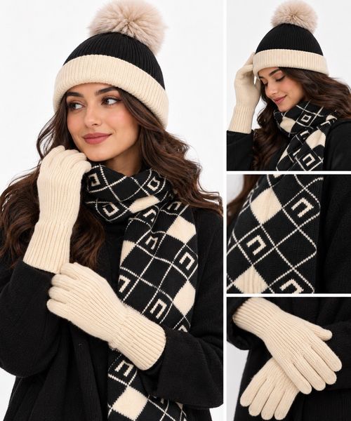 Womens Winter Hat Scarf Gloves Set 3 Piece Knitted Bobble Beanie Black Cream — image 3
