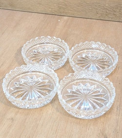 Set of 4 Vintage Pressed Glass Coasters Starburst - Pin Dishes - Drinks Coasters
