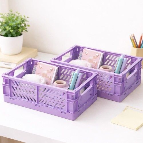 2 Plastic Foldable Storage Folding Box Basket Makeup Organiser Xmas Gift - 25cm