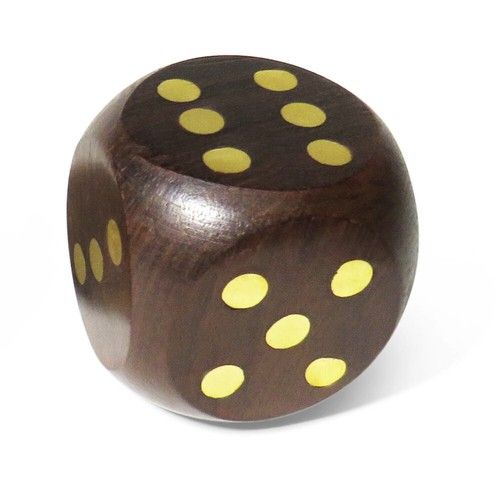 Single Large Wooden Dice (Die) with brass inlaid dots - 4cm x 4cm 4cm