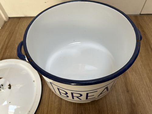 Large Vintage Enamel Bread Bin Polish Kitchenalia - Blue and White Lidded Bin — image 12