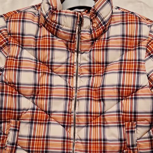 Red Herring Girls Size S Check Puffer Jacket Padded Zip Beige Orange Navy — image 1
