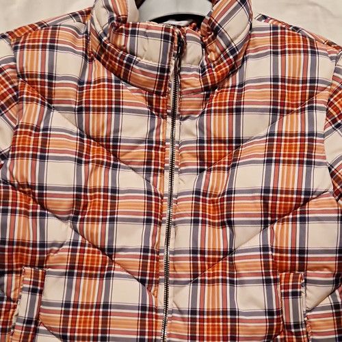 Red Herring Girls Size S Check Puffer Jacket Padded Zip Beige Orange Navy
