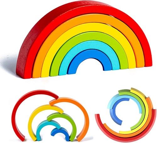 Wooden Rainbow Stacker Building Blocks Montessori Sensory Toy Kids 7 Colours