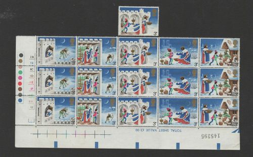SG 945 ERROR 3 STAMPS MISSING SALMON PINK COLOUR ON TILES 3p 1973 Xmas CYL. — image 1