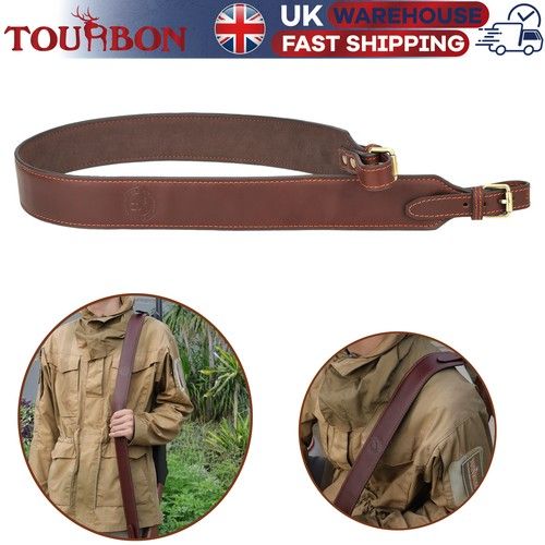 TOURBON Hunting Rifle Sling Gun Leather Carry Shoulder Strap Adjustable Brown UK