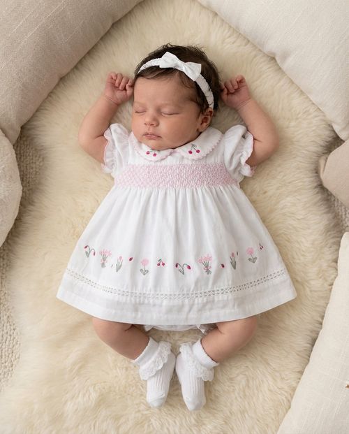 Baby Girl Dress Set Outfit Smocked Embroidered Headband White — image 8