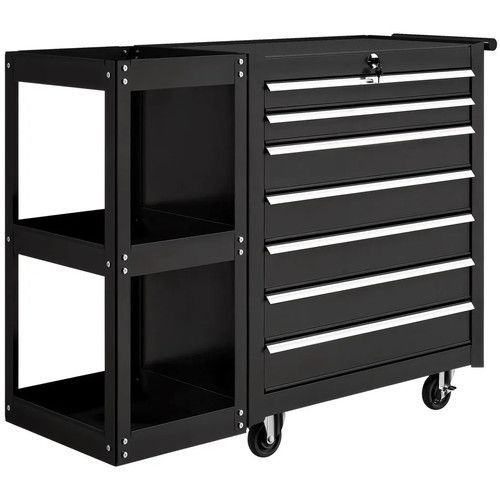 7 Drawer Lockable Tool Chest on Wheels Side Shelf Steel Tool Cabinet 120kg BLACK