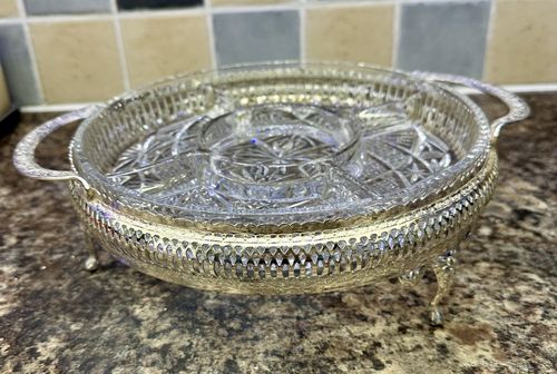 Vintage Mayell England Cut Crystal Divided Serving Dish ELL Silver-plated stand — image 2