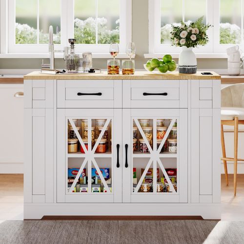 Kitchen Island, Storage Cupboard with Drop Leaf Countertop & Side Racks, White — image 2