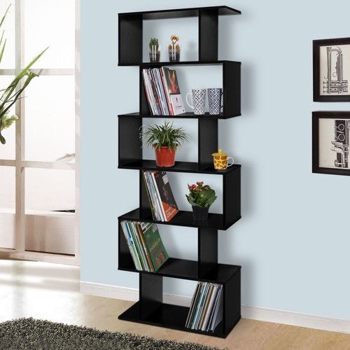Wood Bookcase Bookshelf S Shape 6 Tier Shelves Free Standing Shelving Storage