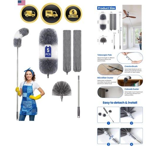 Extra-Long Dusters Kits with Extension Pole, Cobweb Duster, Microfiber Dustin...