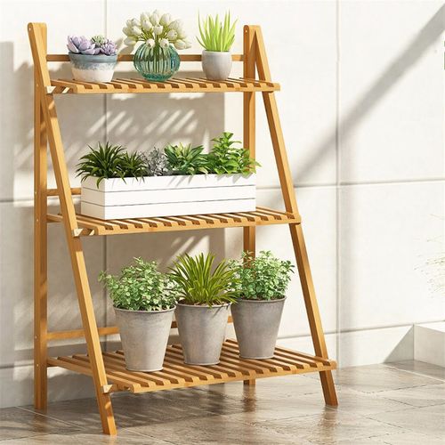 Wisfor 3Tier Bamboo Plant Stand Ladder Garden Rack Folding Display Hanging Shelf — image 2