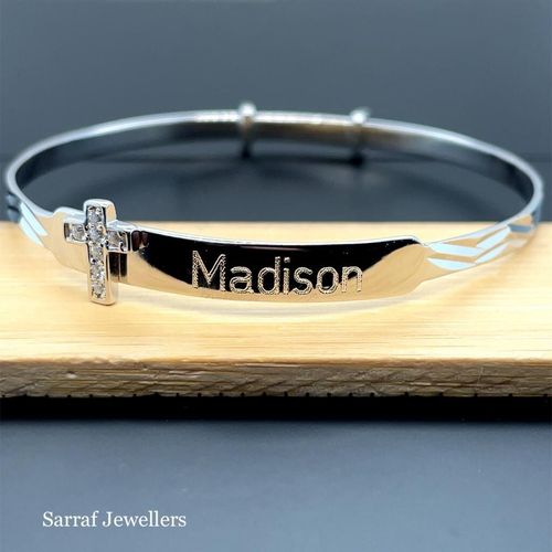 Personalized 925 Sterling Silver Christening Baby Bangle D/C Cz Cross Engravable — image 19