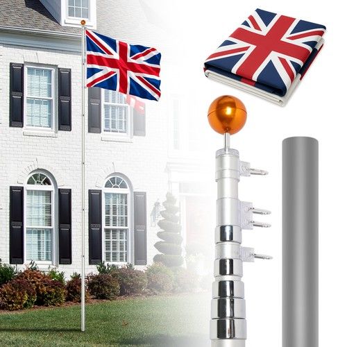 20ft Telescopic Flag Pole Ball Top Kit 16 Gauge 3'x5' Free UK British Flag Kit