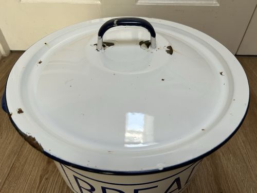 Large Vintage Enamel Bread Bin Polish Kitchenalia - Blue and White Lidded Bin — image 11