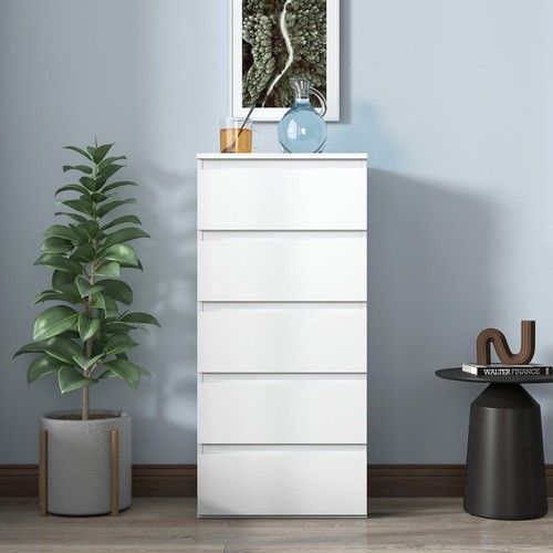 White Slim 5 Drawer Tall Chest of Drawers Narrow Bedroom Storage Unit MMT