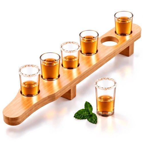 Glass Shot Glasses Set of 6 Wooden Bamboo Holder Shot Paddle Board 40ml GEEZY