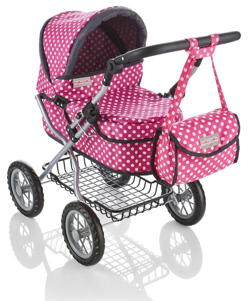 Molly Dolly Dolls Pram - Toy Pram With Adjustable Handle Height (Pink Polka Dot) — image 1