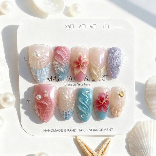 24PCS Summer Almond Press On Nails 3D Flower Beach False Nail Tips Full Cover