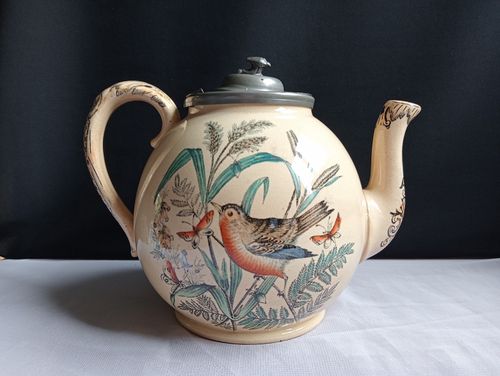 Antique Teapot Pottery + Pewter Lid Bird Robin Butterflies Insects Transferware — image 1