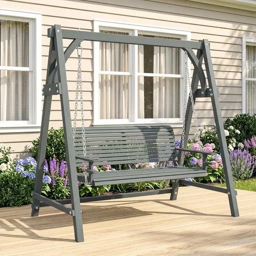 2 Seater Wooden Garden Swing Chair Seat Hammock Bench Lounger Outdoor, Grey, UK