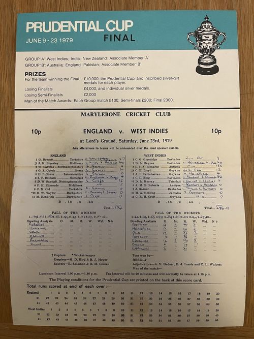 Official Souvenir Scorecard - 1979 Prudential Cup Final- England v West Indies — image 1