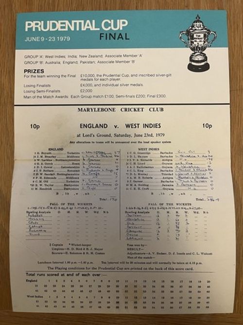 Official Souvenir Scorecard - 1979 Prudential Cup Final- England v West Indies