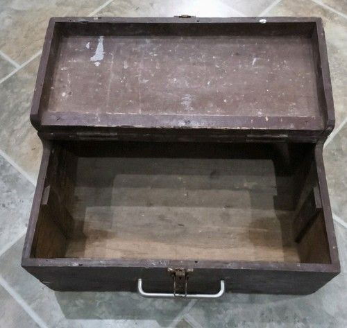 Hand Made Vintage Wooden Tool Carry Box 18 x 14 x 8 Hinged Handle Storage Box