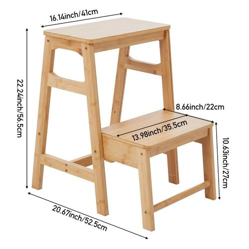 Folding Wooden Bamboo Step Stool Kitchen Ladder Chair Display Rack 3 in 1 Stool — image 7